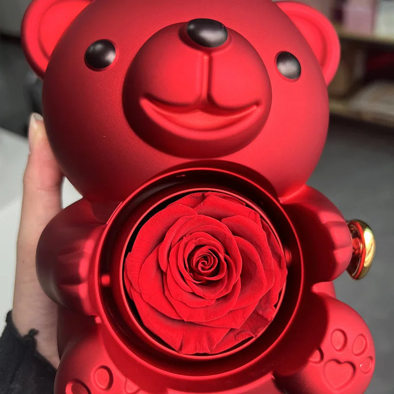 Eternal Rose Teddy Bear Gifts Box with Necklace Rotate Rose Jewelry Box 